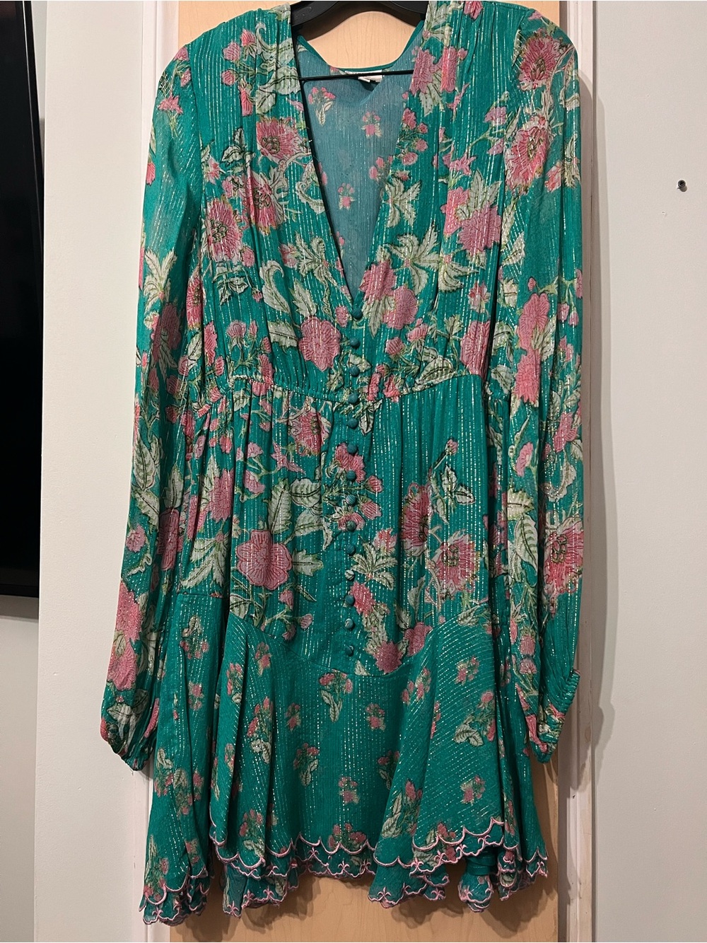 HEMANT & NANDITA Teal Floral V-Neck Long Sleeve Dress with Pink Accents